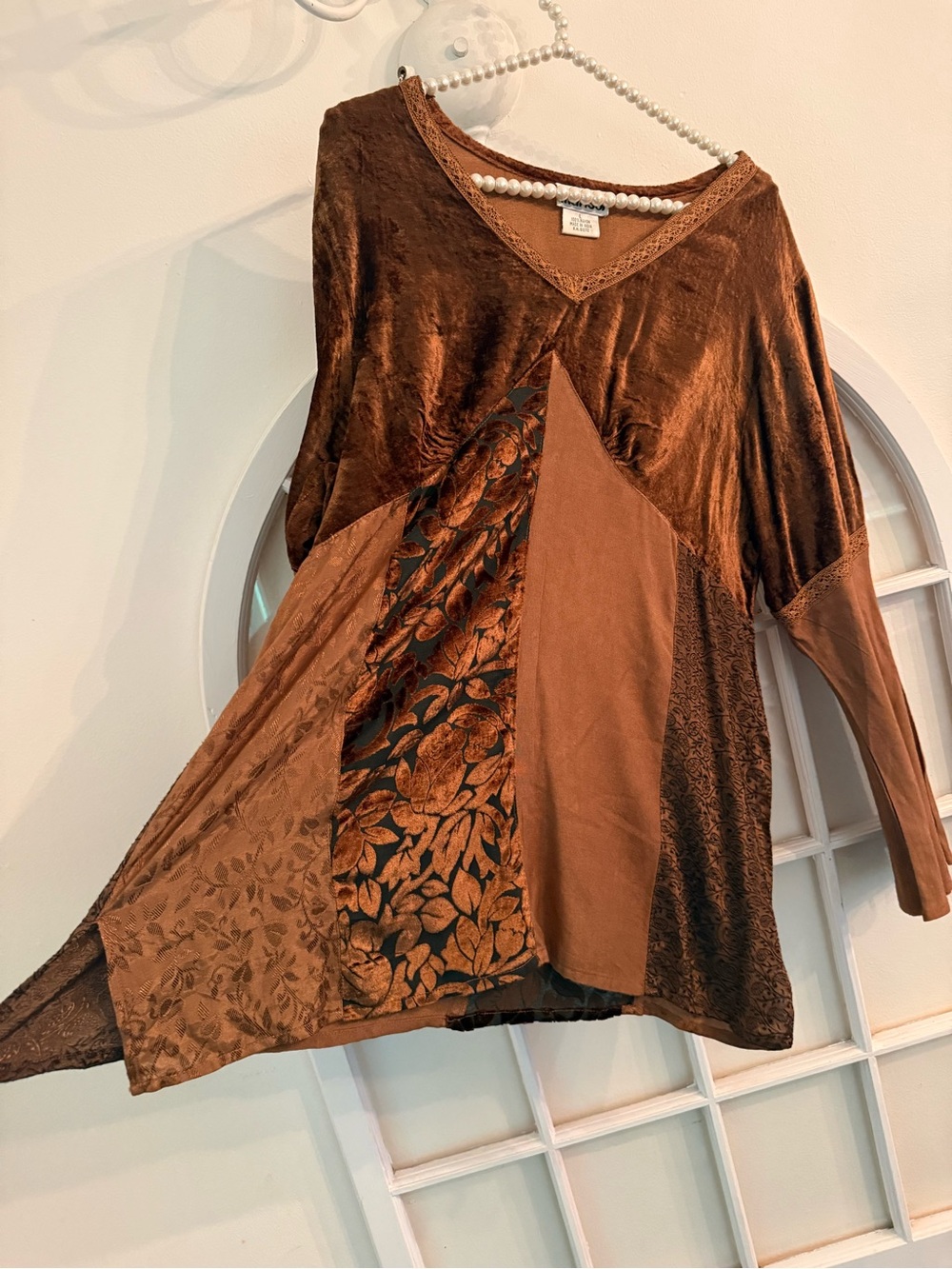 Marisol Vintage Brown Patchwork Velvet & Lace Bell Sleeve Top Blouse Size L